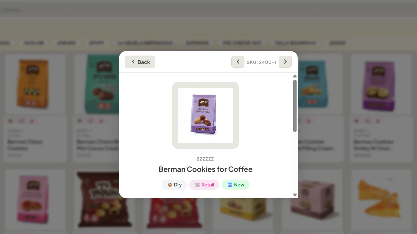 Catalog product detail modal showing SKU, brand, category, and image
